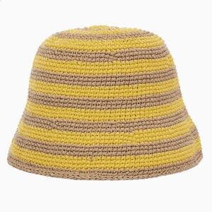 NWT New Crochet Knit Yellow Tan Striped Bucket Sun Beach Hat The Sak